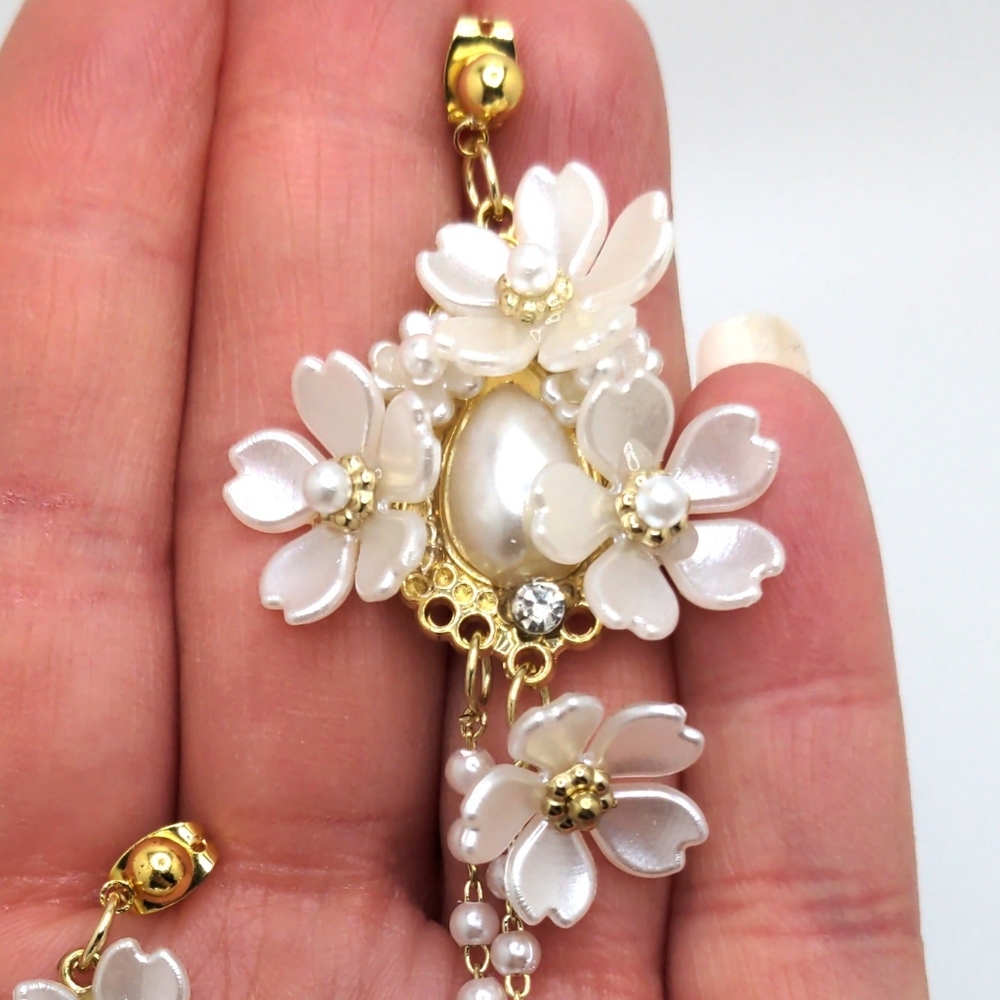 White Floral Wedding Bridal Earrings with Pearl Accents - Picture 6 of 9
